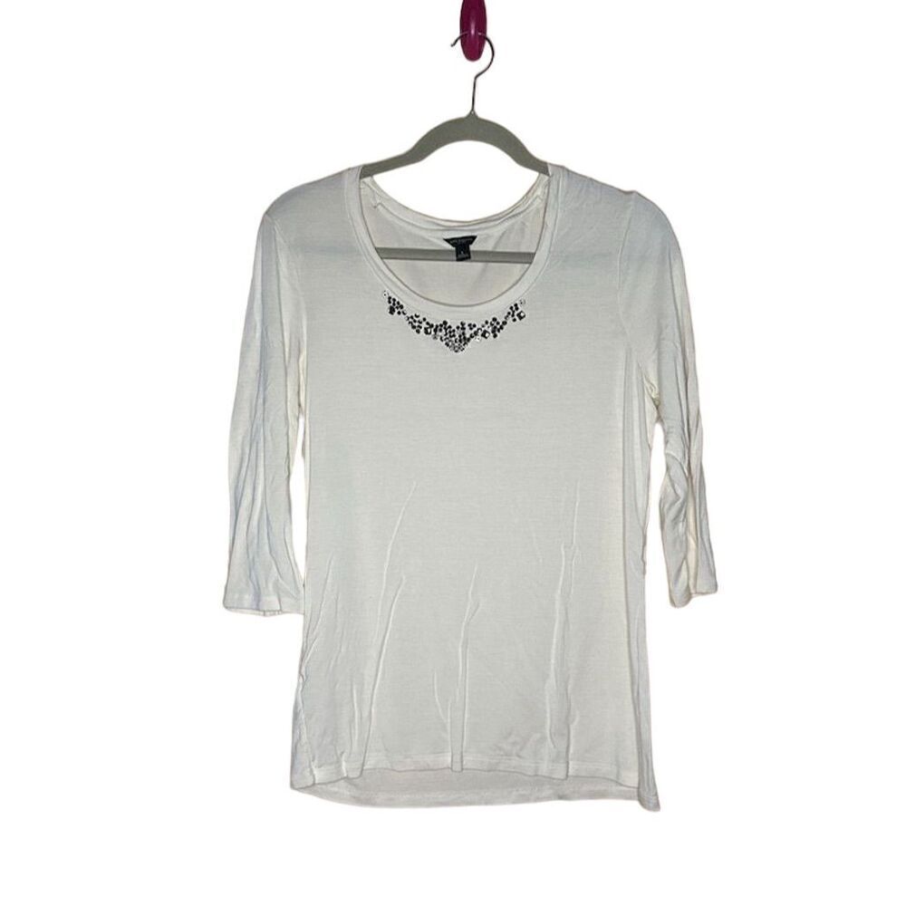 Ann Taylor Ivory Sequin Beaded Scoop Neck Blouse Women's Size L 3/4 Sleeve